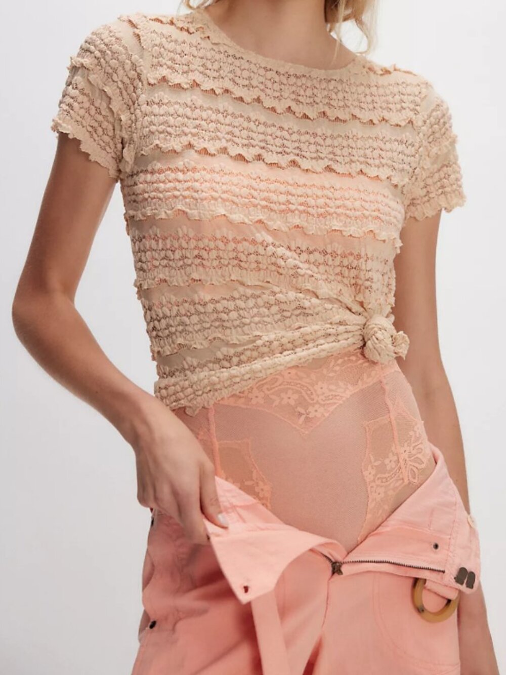 NWT Free People Angelina Lace Tee in Tea - Picture 6 of 8